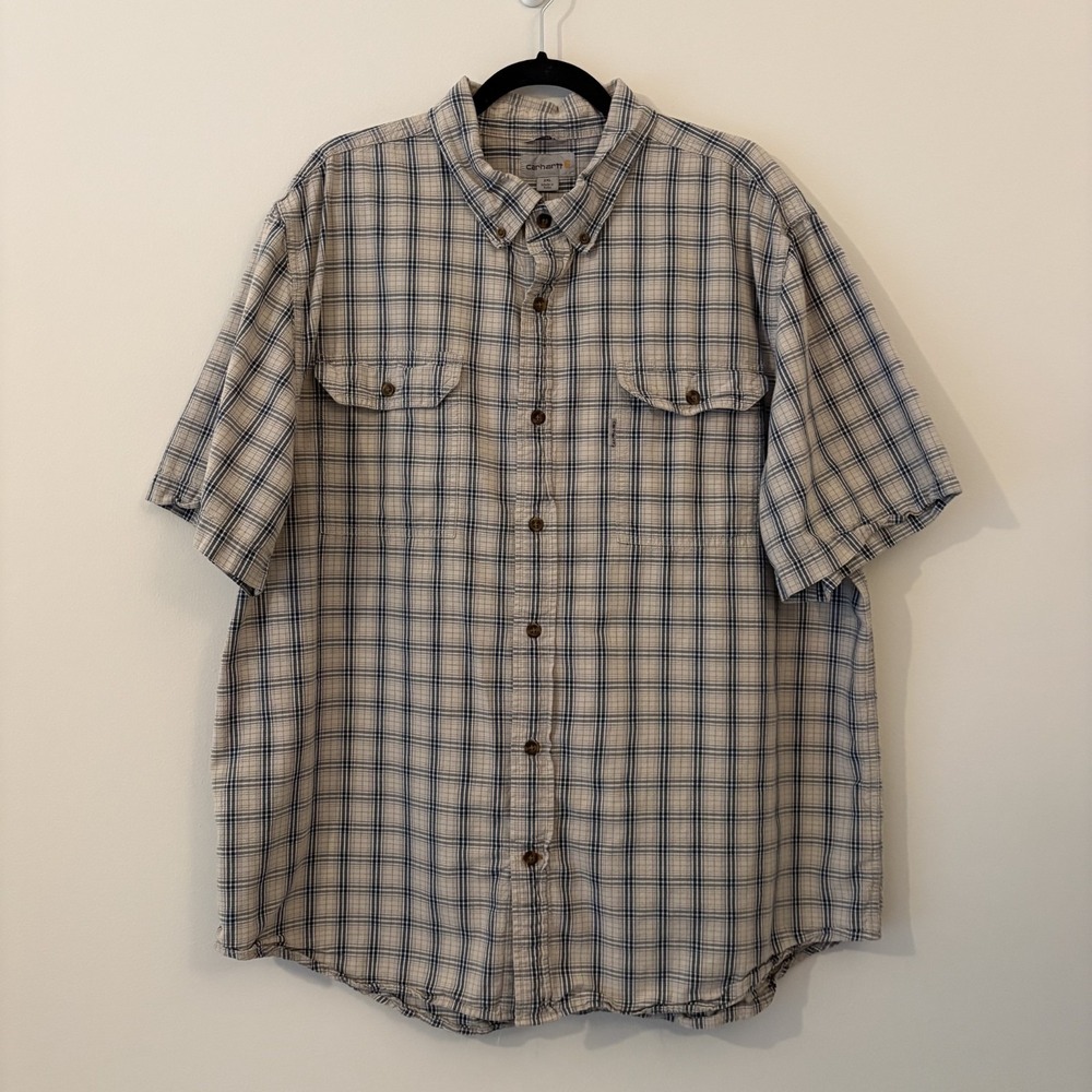Carhartt Short Sleeve Button Down Shirt Gray Plaid 2XL Relaxed Fit 100% Cotton
